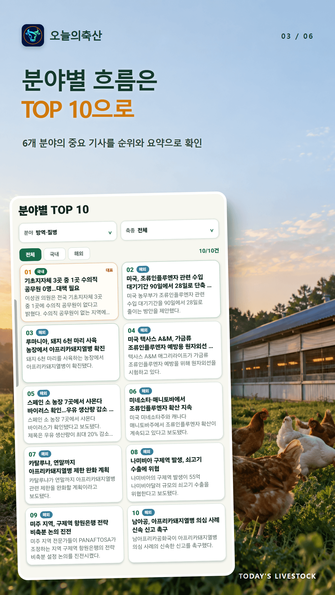 오늘의축산 소개: 분야별 주요 기사 TOP 10 화면
