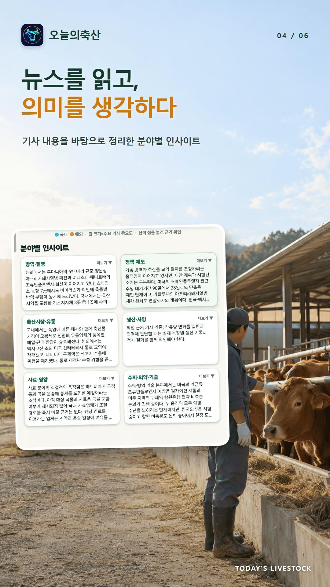 오늘의축산 소개: 기사에 근거한 분야별 인사이트 화면